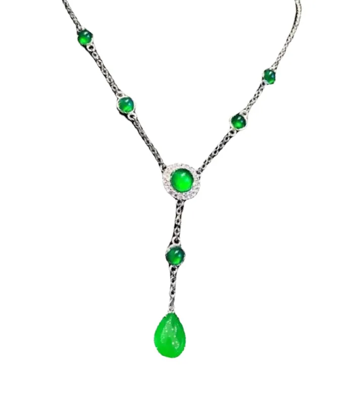 2024 New Green Sterling Silver Overgild Zircon Jade Tassel Pendant Necklace AC1033