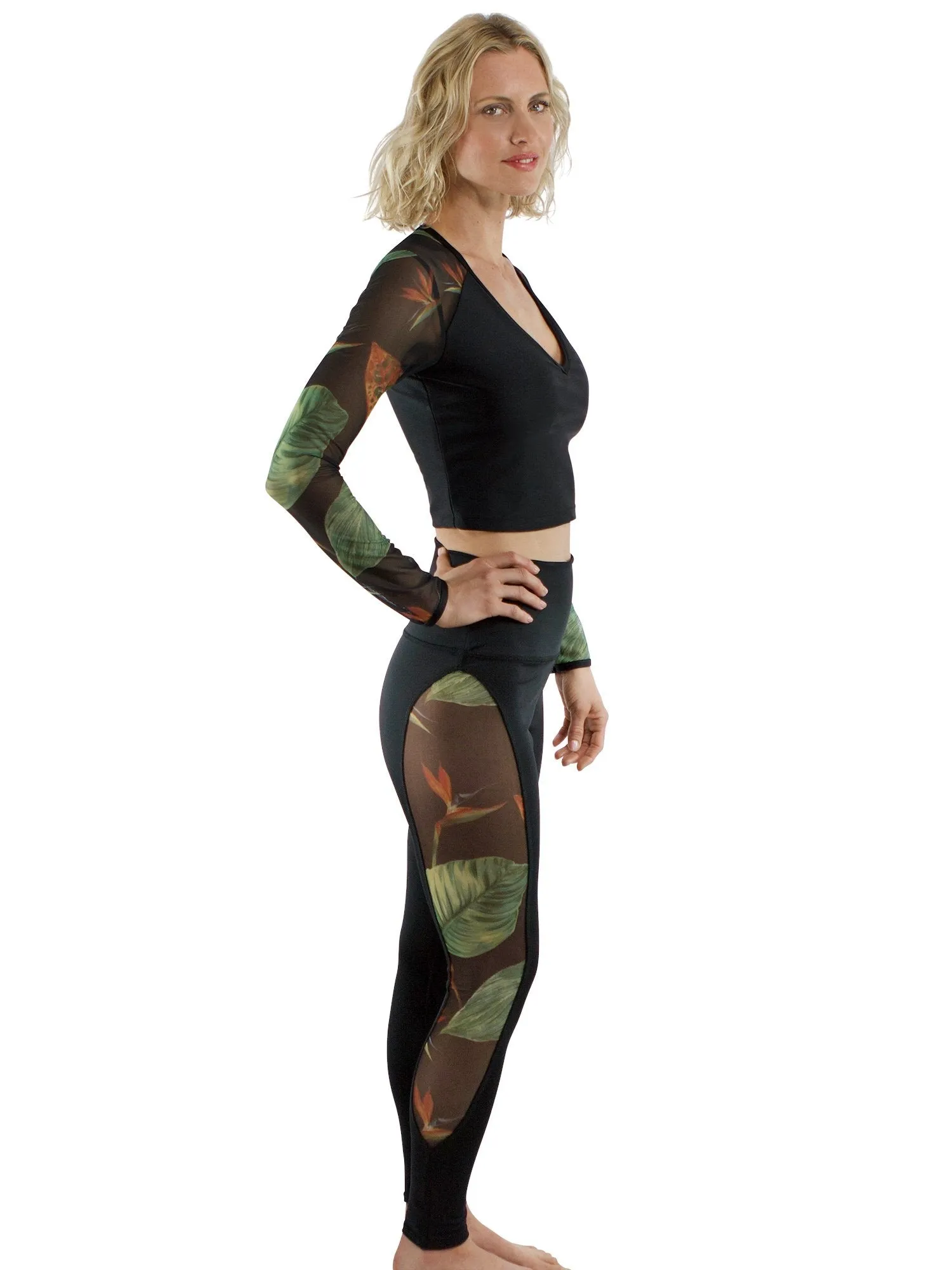 Active Leggings with Crane Flower Mesh