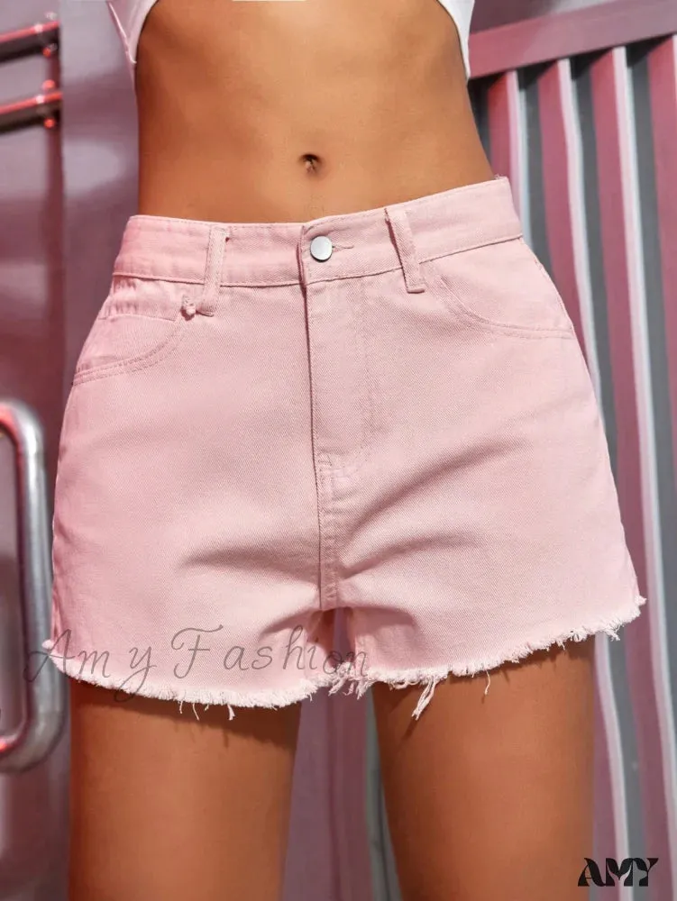 Amy Fashion - Preppy Pink Raw Hem Split Side Denim Shorts