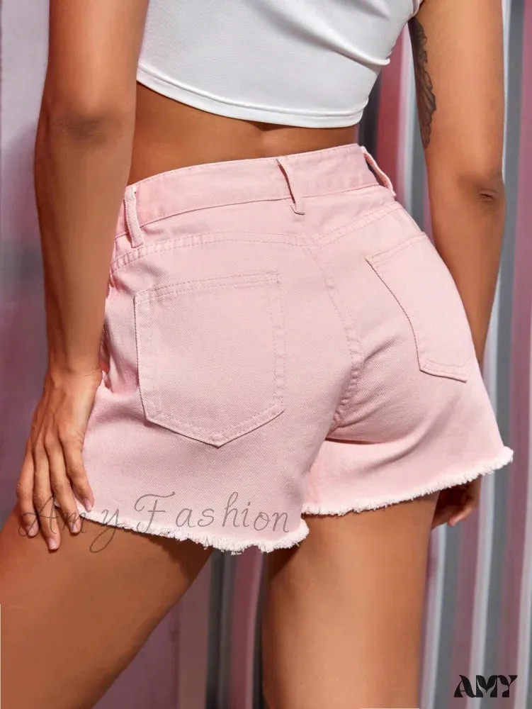 Amy Fashion - Preppy Pink Raw Hem Split Side Denim Shorts