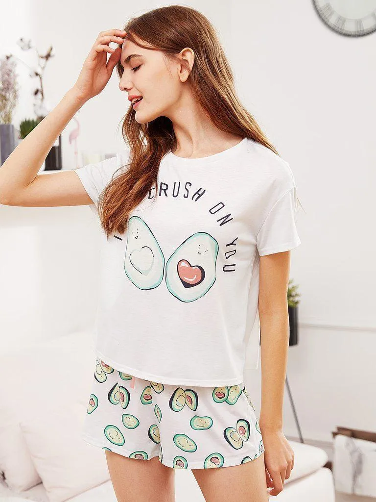 Avocado Print Top And Bow Front Shorts Pajama Set