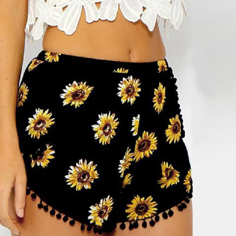 Beach Flower Print Balls Elastic Hot Shorts