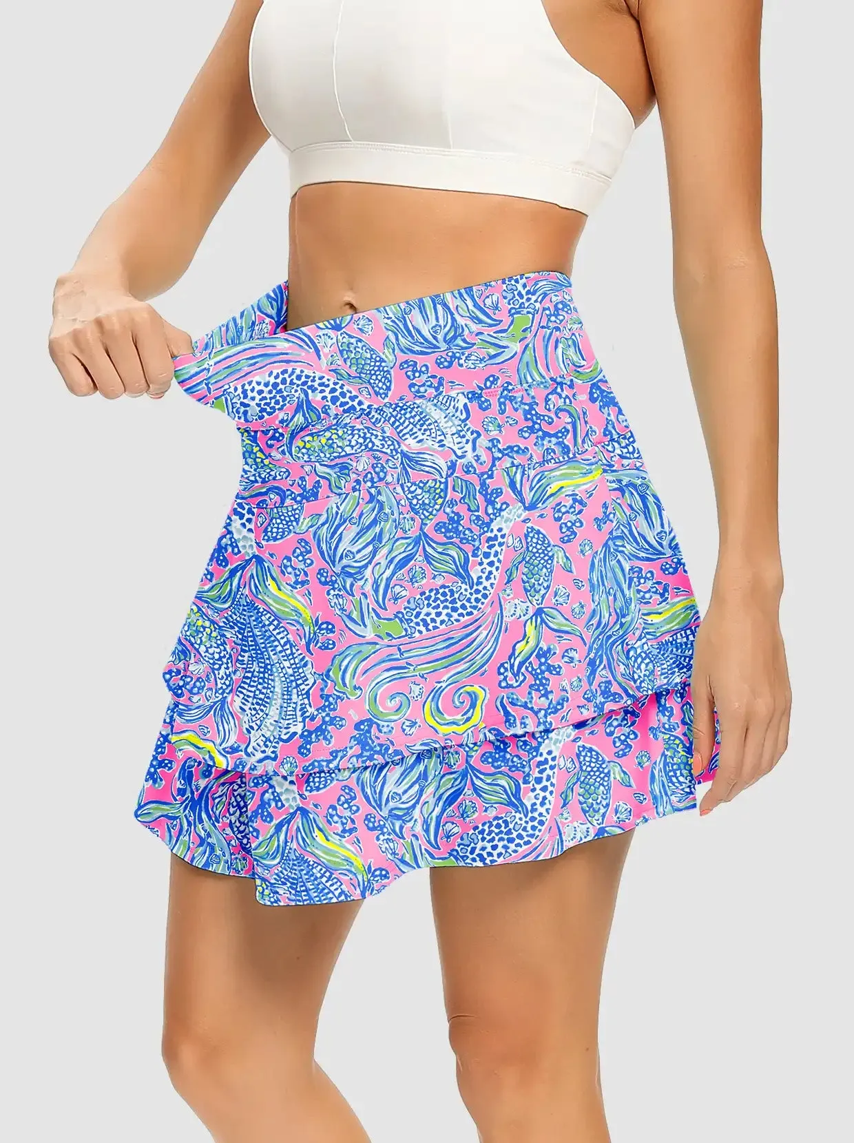 Blue Botanical Double-Layer Active Skorts with Shorts