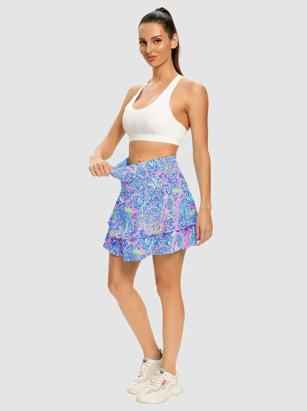 Blue Botanical Double-Layer Active Skorts with Shorts