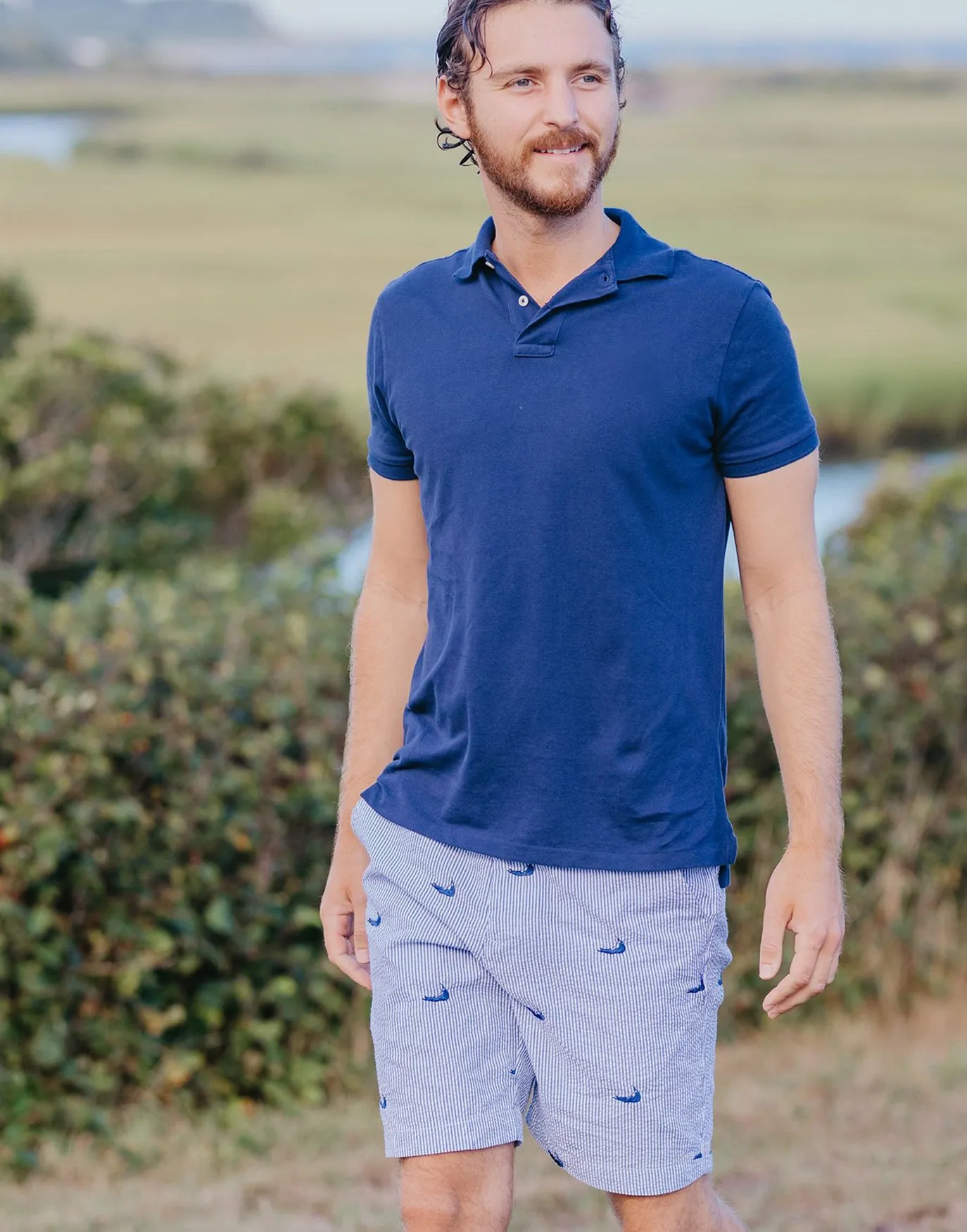 Blue Mens Seersucker Shorts with Navy Embroidered Nantuckets