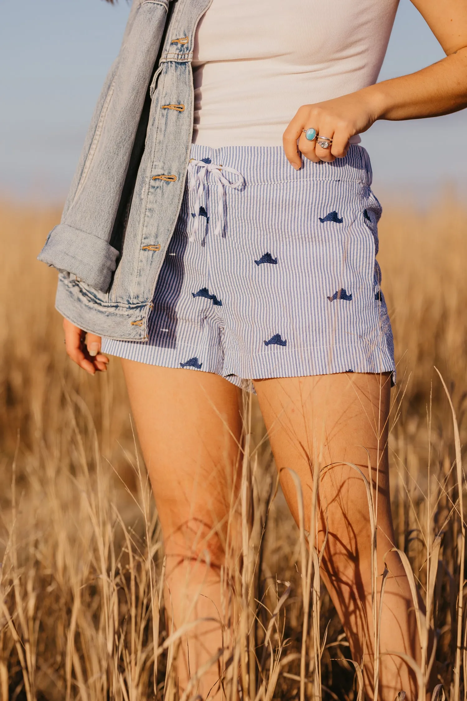 Blue Seersucker Women's Lounge Short with Navy Martha's Vineyards