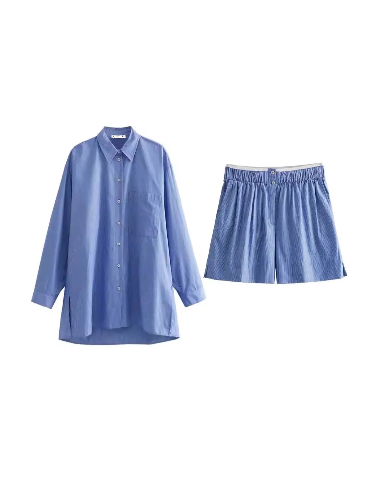 Blue Striped Oversized Shirt Set With Shorts