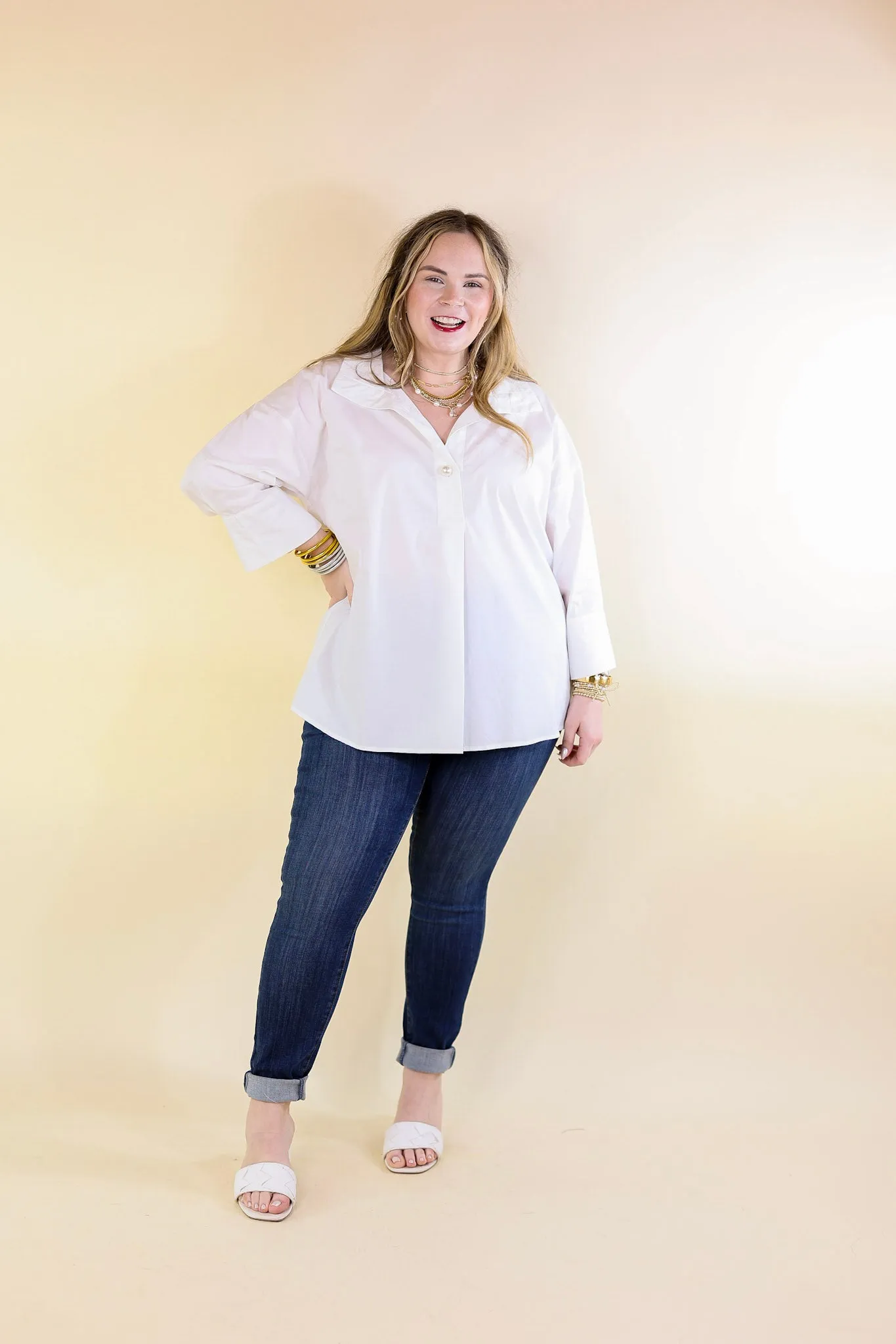 Coastal Breeze Collared Top with Pearl Buttons in White