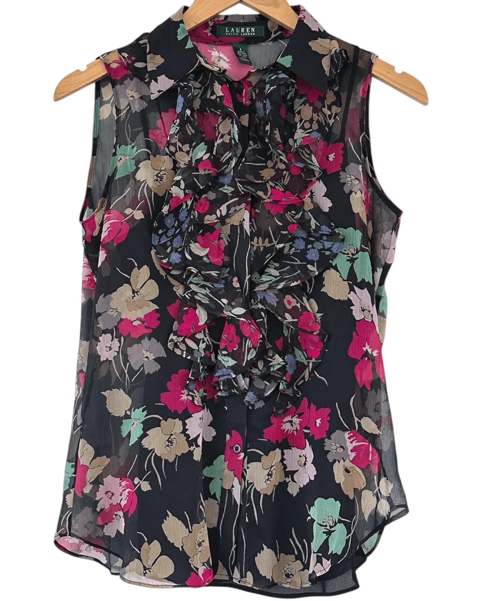 Dark Winter Floral Sleeveless Ruffle Front Blouse