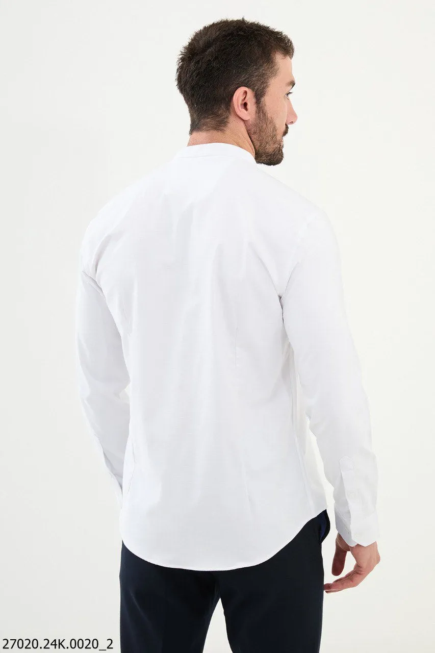 Ecru Mandarin Collar Slim-Fit Shirt.