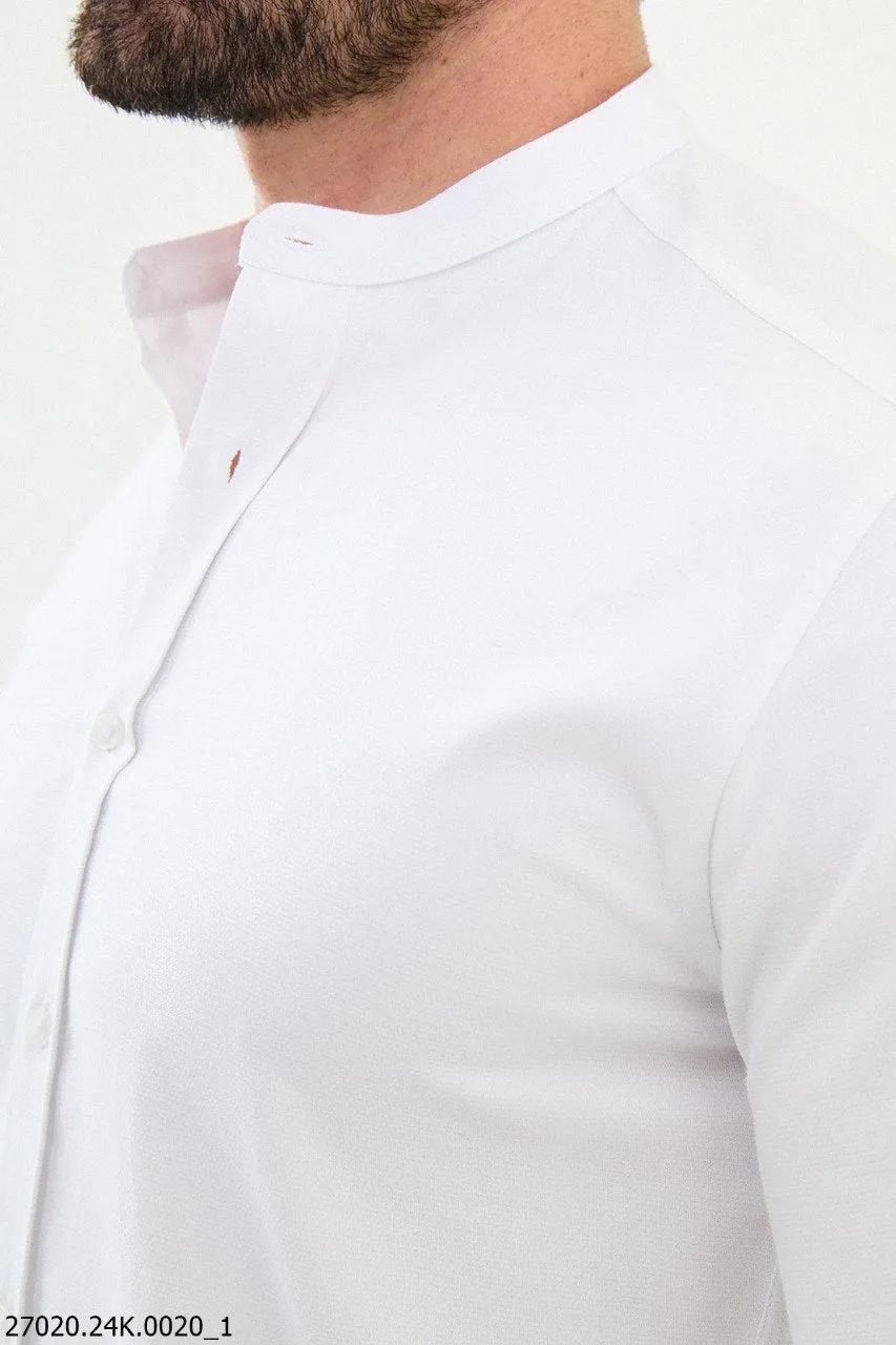 Ecru Mandarin Collar Slim-Fit Shirt.