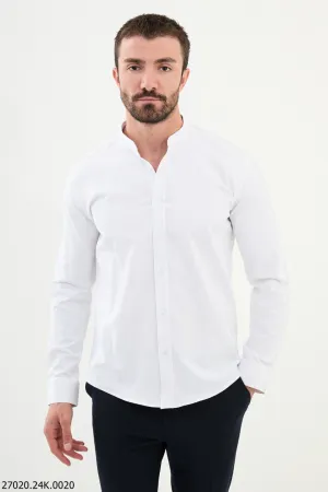 Ecru Mandarin Collar Slim-Fit Shirt.