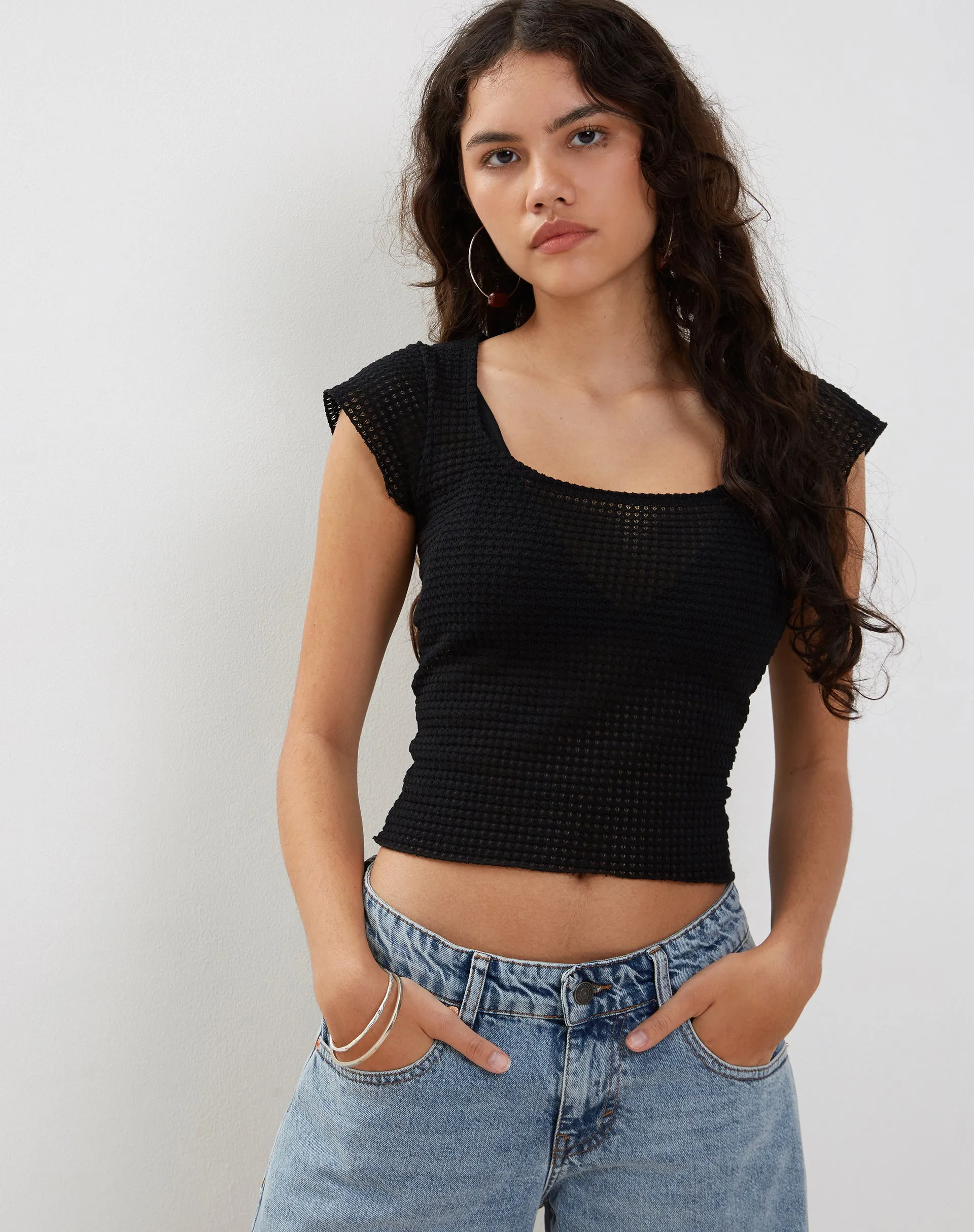 Gianina Crop Top in Black Textured Crochet