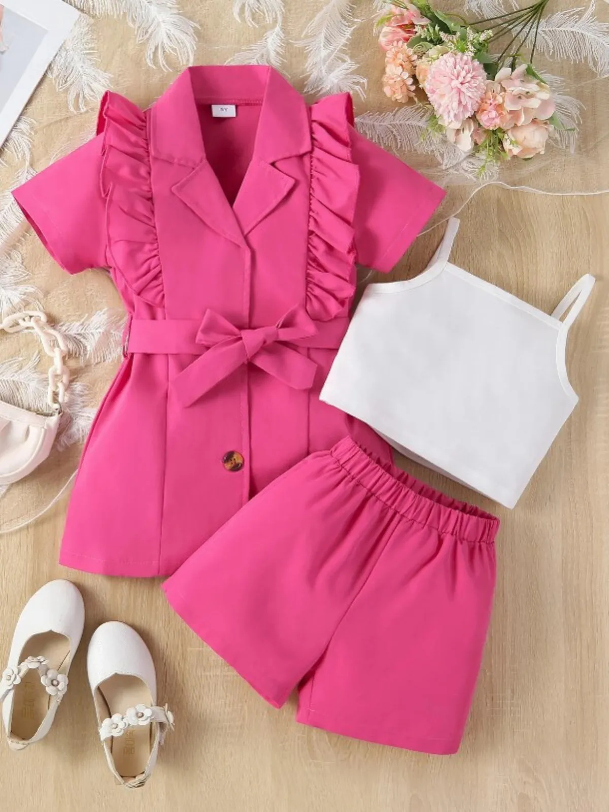 Girls 3-Piece Summer Styling Ruffle Blazer, White Tank Top, and Shorts Set