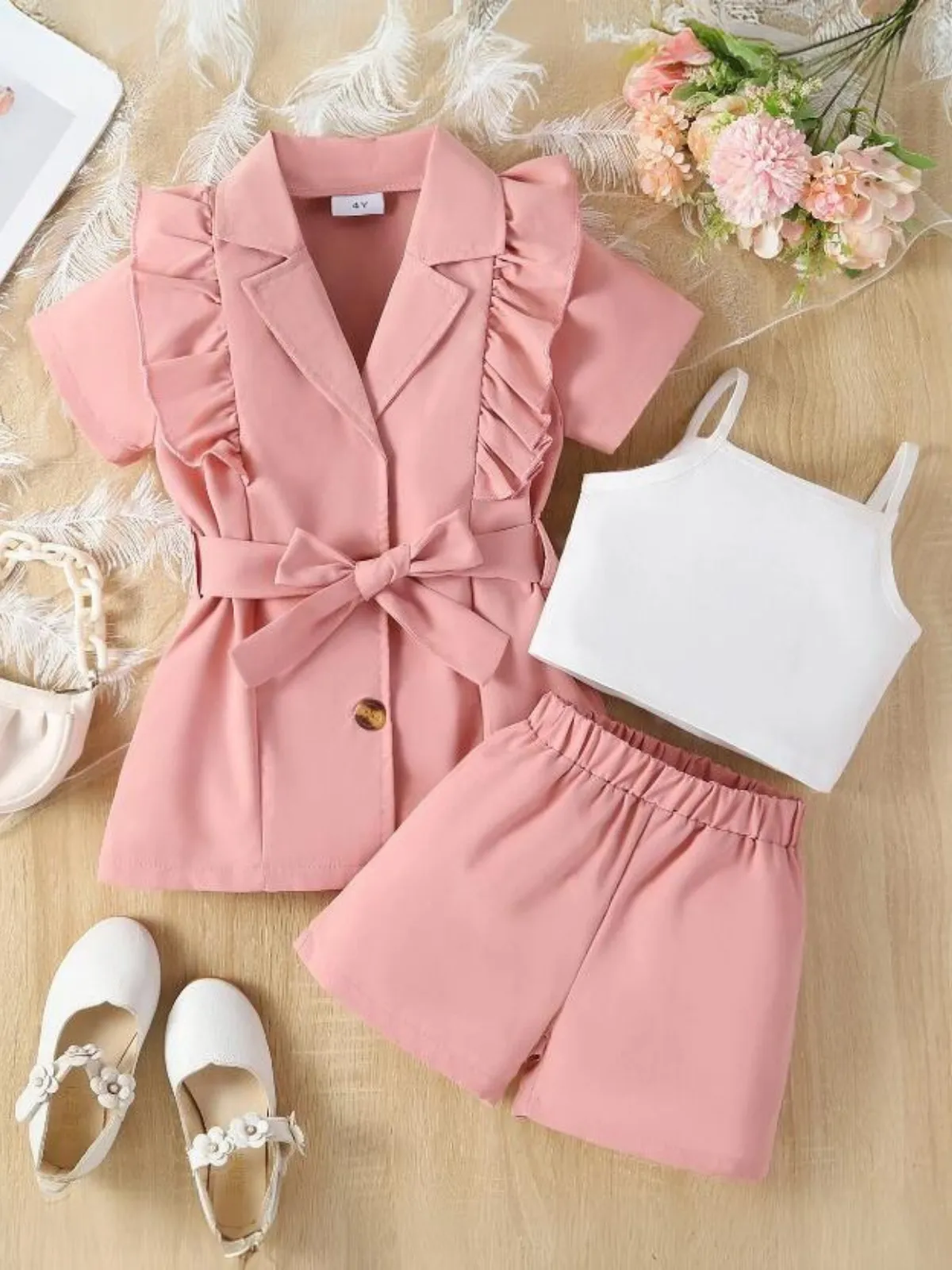 Girls 3-Piece Summer Styling Ruffle Blazer, White Tank Top, and Shorts Set