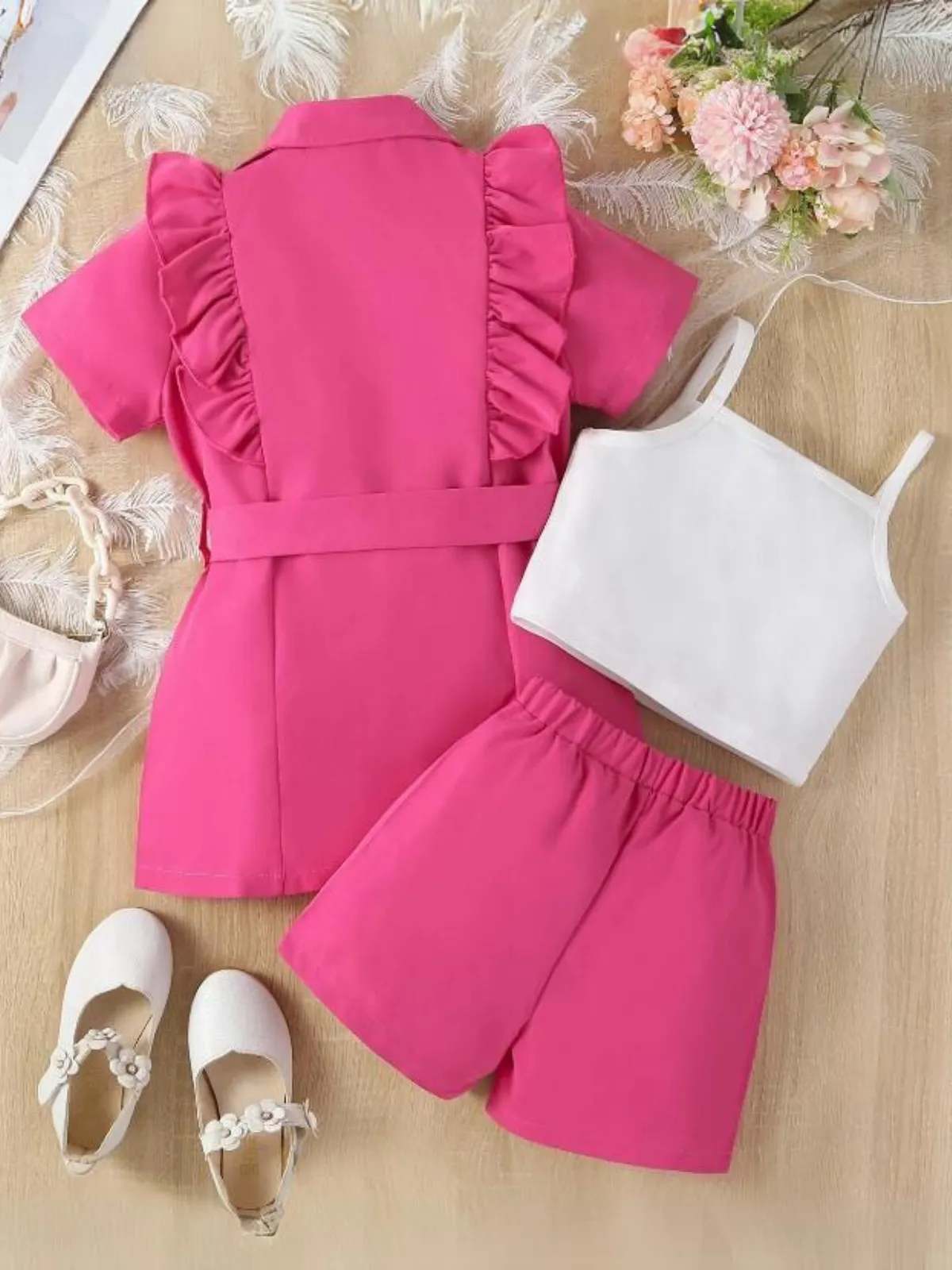 Girls 3-Piece Summer Styling Ruffle Blazer, White Tank Top, and Shorts Set