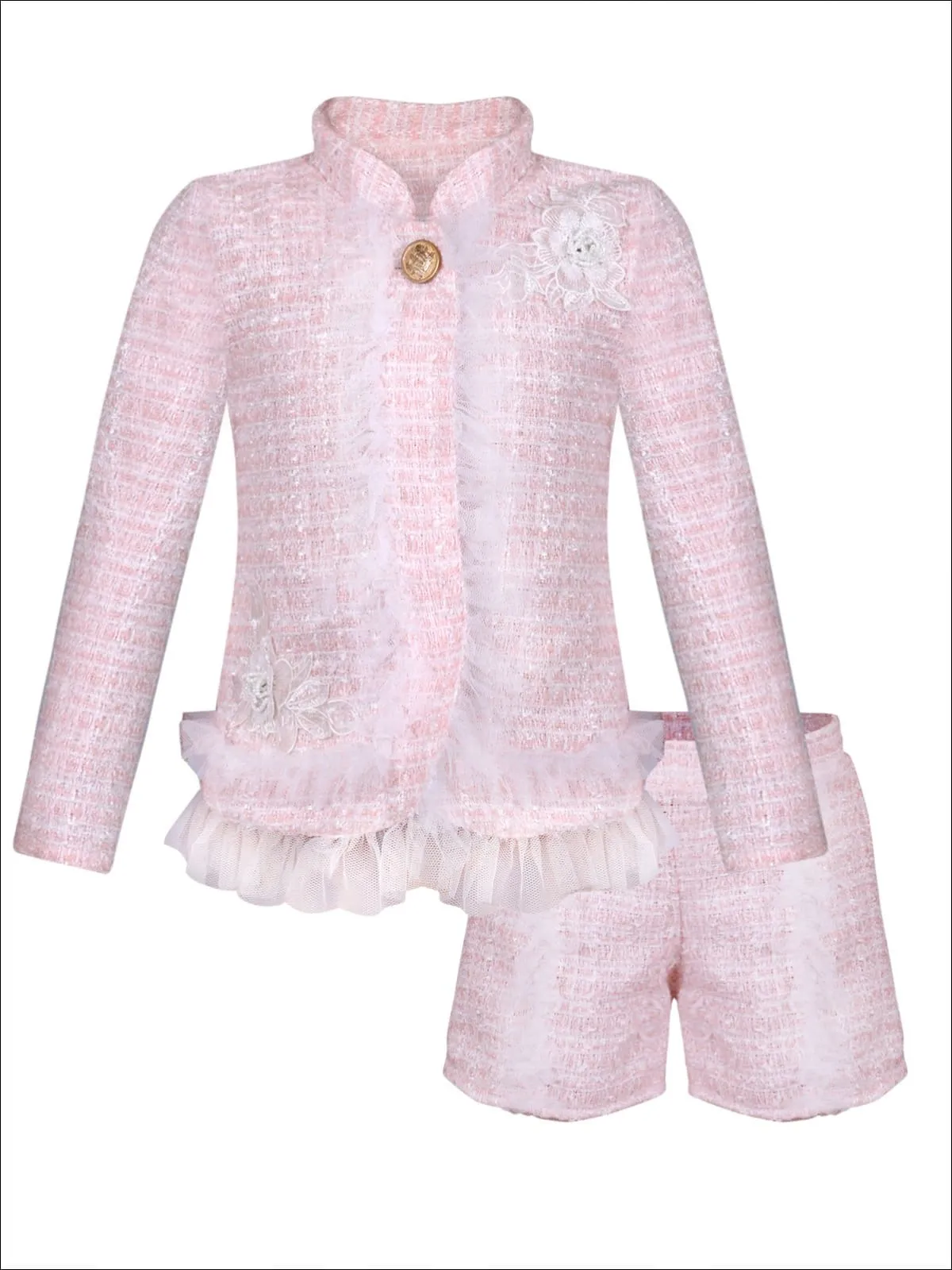 Girls Preppy Flower Trim Ruffled Jacket And Short Set