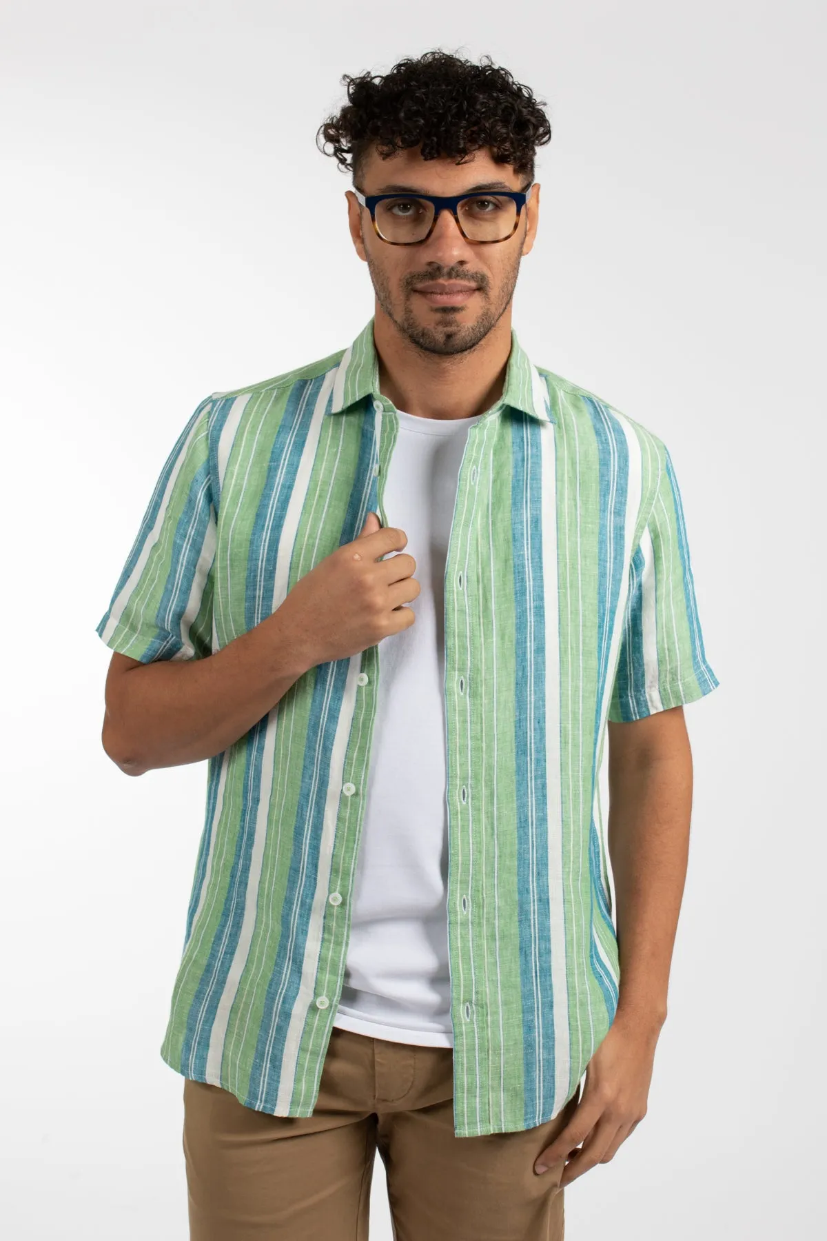 Green Beach Stripe Linen Shirt