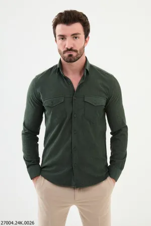 Green Khaki Corduroy Shirt with Dual Flap Pockets.