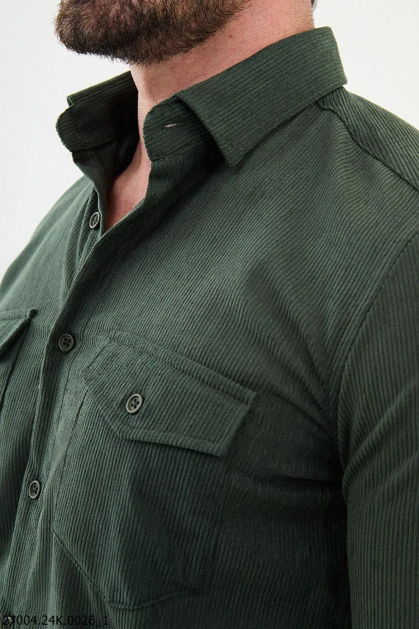 Green Khaki Corduroy Shirt with Dual Flap Pockets.