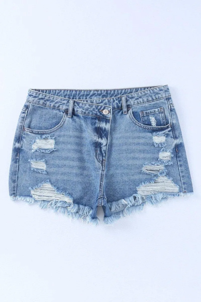 High Rise Crossover Denim Shorts