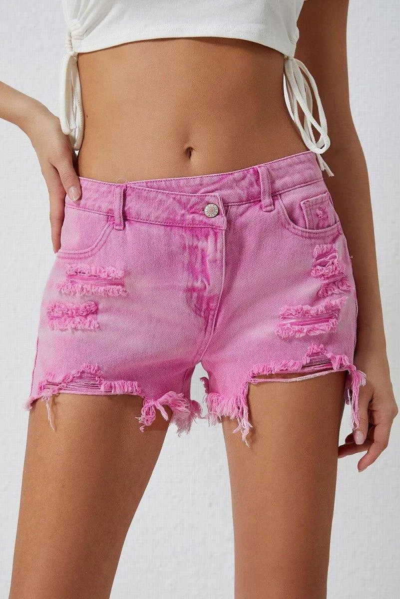 High Rise Crossover Denim Shorts