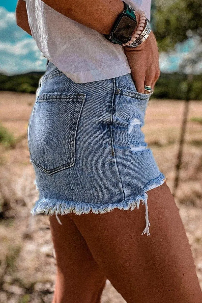 High Rise Crossover Denim Shorts