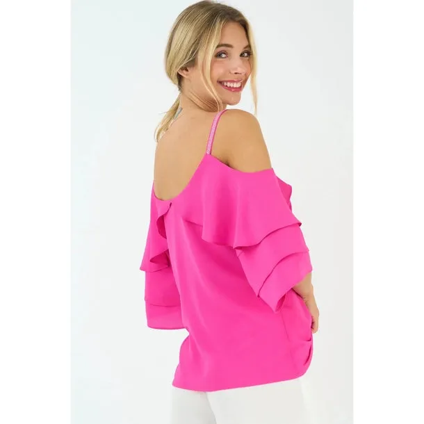 Hot Pink Frill Cold Shoulder Top