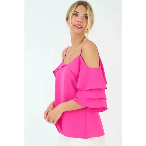 Hot Pink Frill Cold Shoulder Top