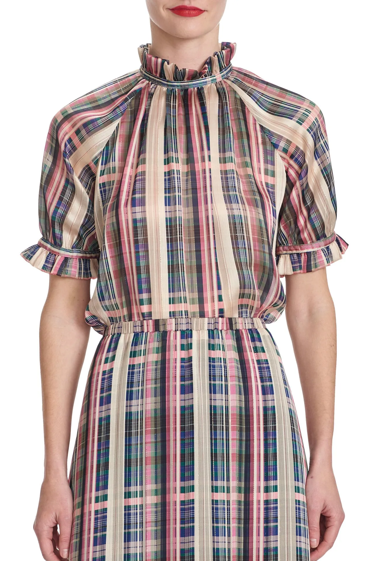 JACQUI Ruffle Neck Top - Plaid