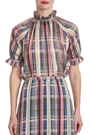 JACQUI Ruffle Neck Top - Plaid