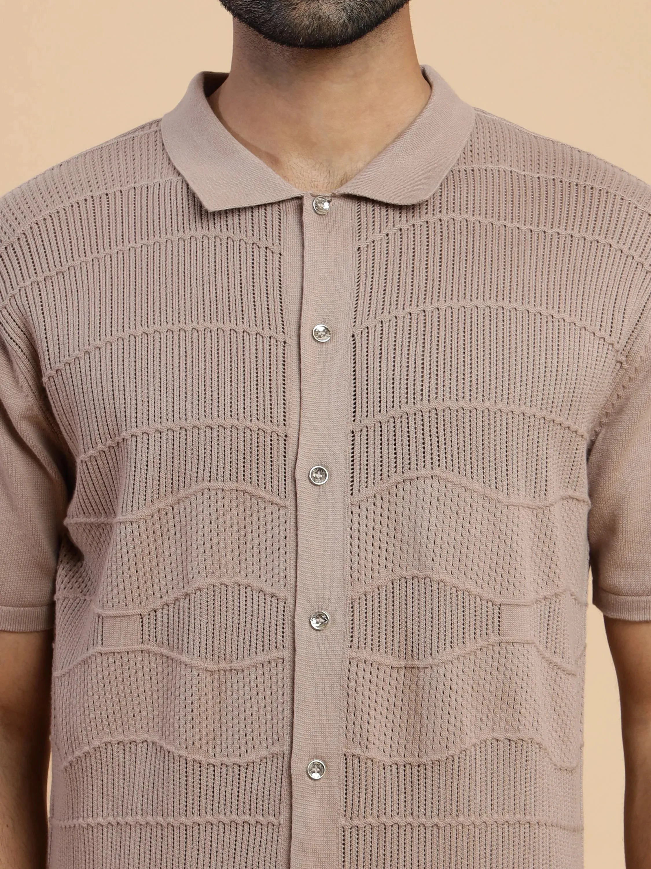 Knit Half Sleeve Men's Shirt in Cinereous brown