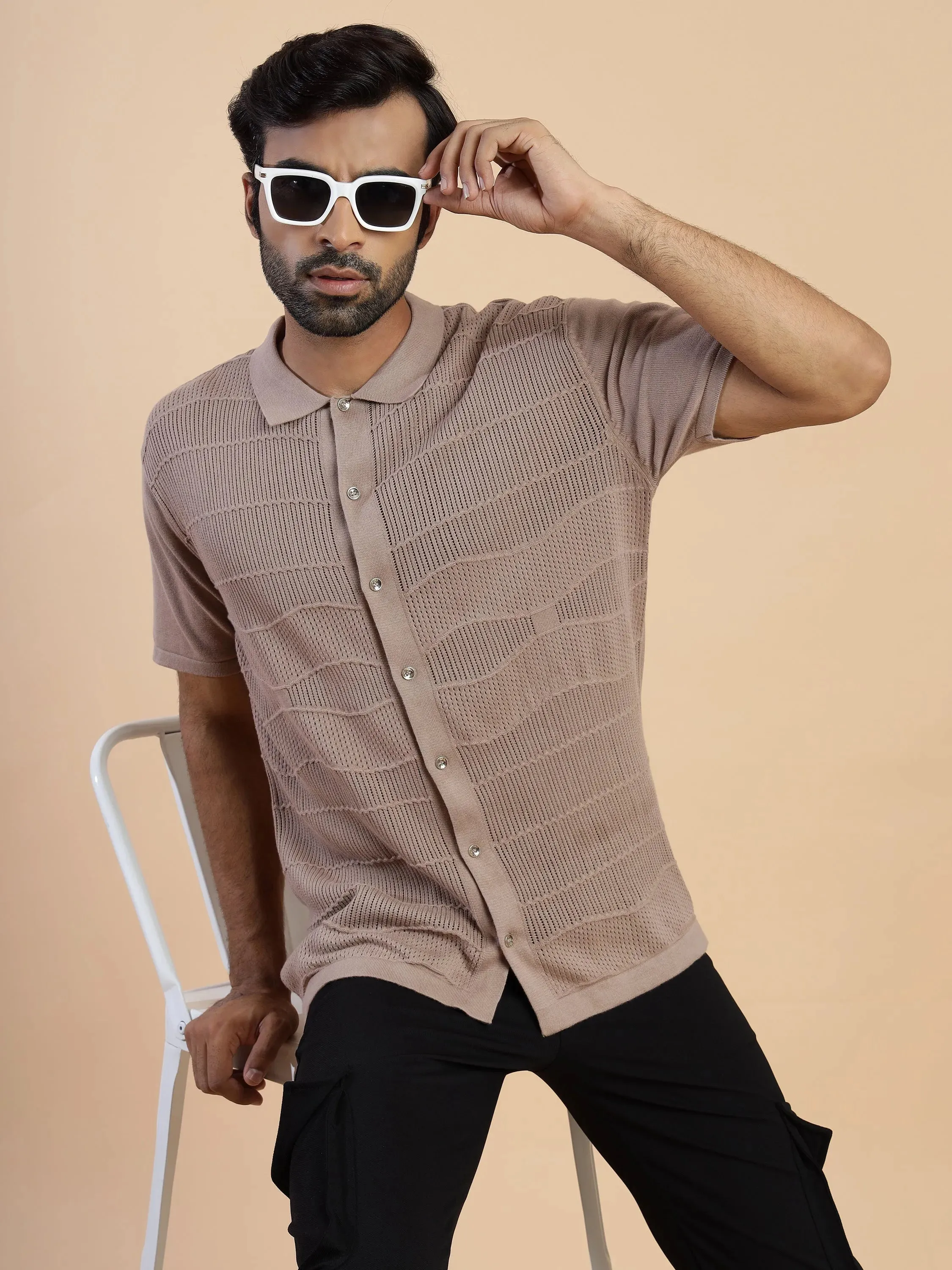 Knit Half Sleeve Men's Shirt in Cinereous brown