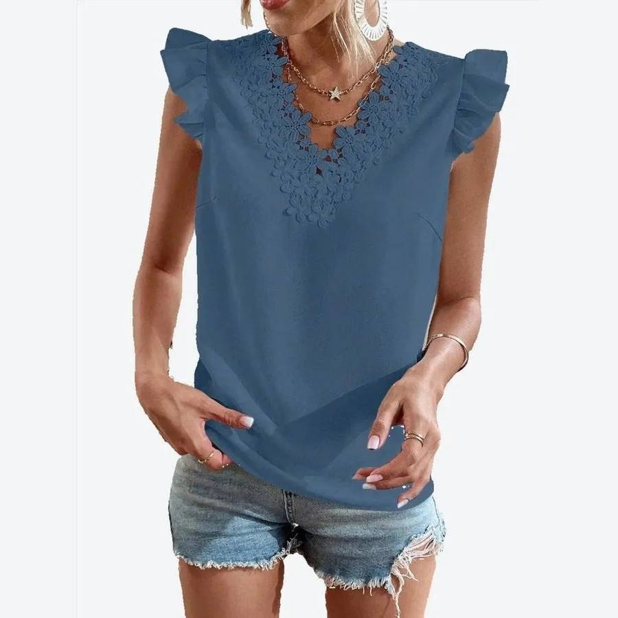 Lace Detail Ruffle Sleeve Elegant Tops