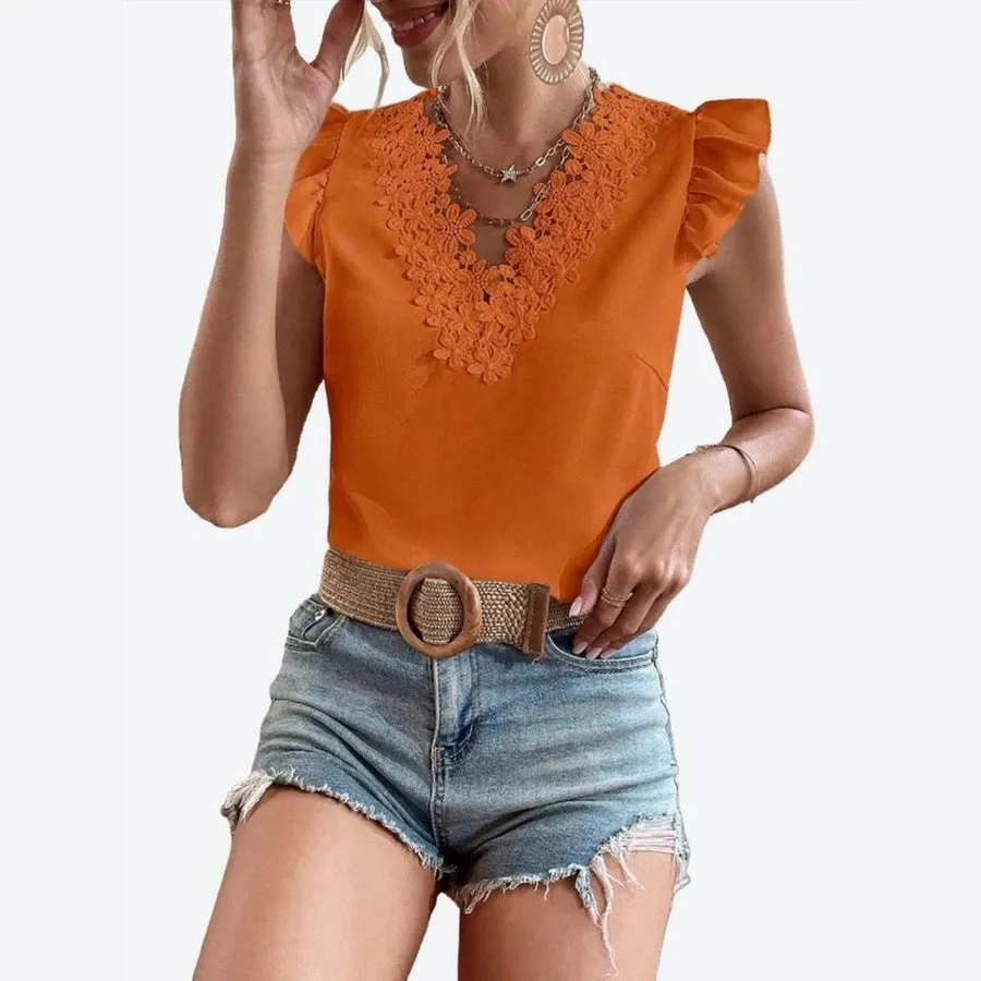 Lace Detail Ruffle Sleeve Elegant Tops