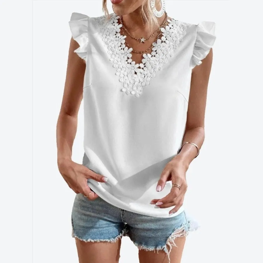 Lace Detail Ruffle Sleeve Elegant Tops