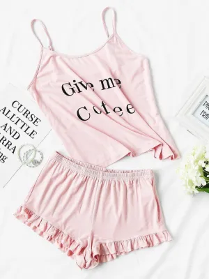 Letter Print Cami And Ruffle Shorts Pajama Set