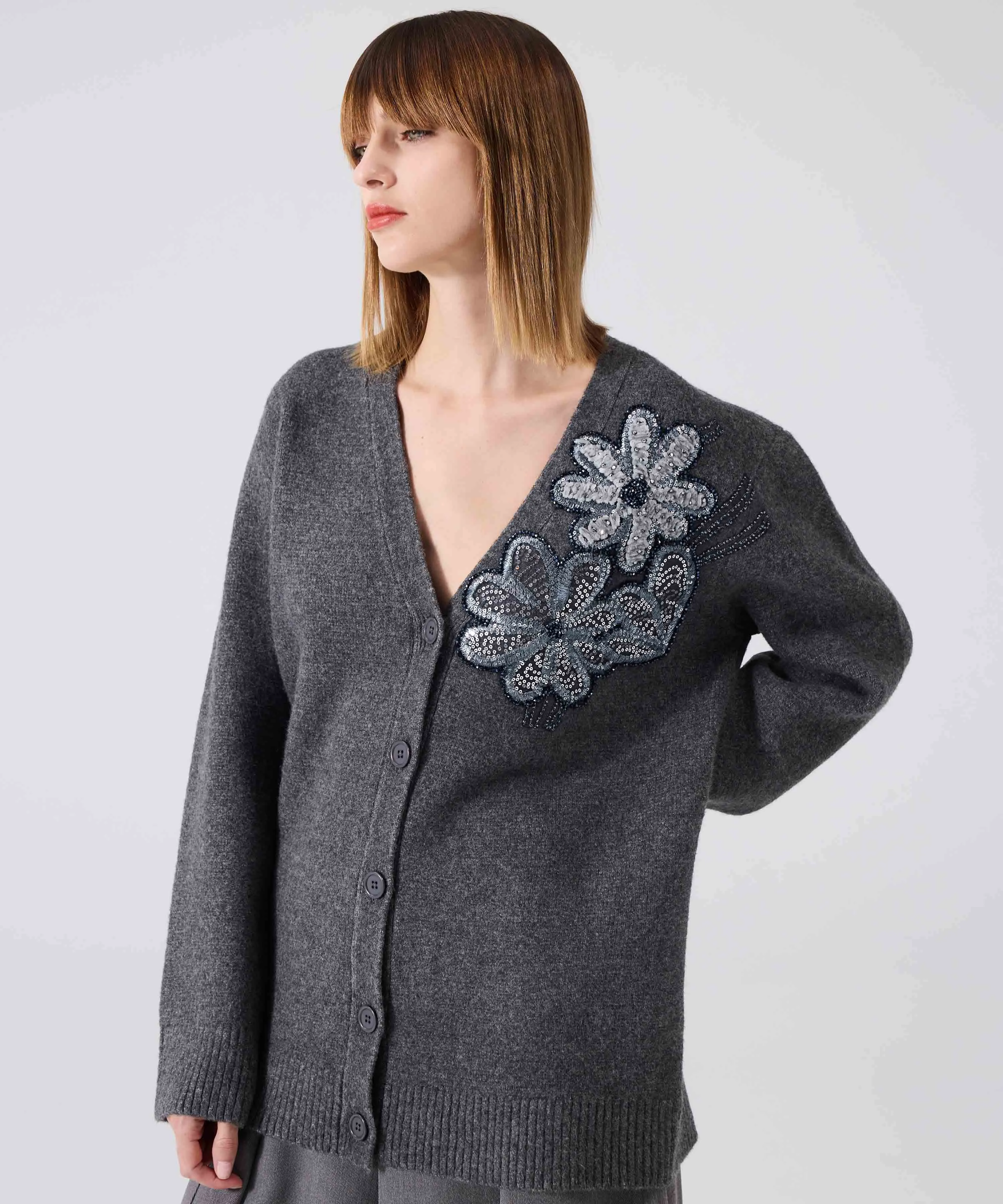 Machka Cardigan With Floral Module Embroidery Anthracite