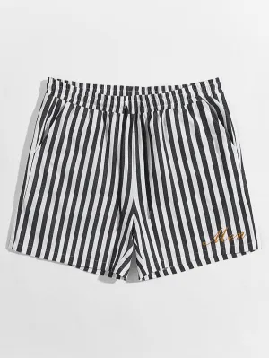 Men Letter Embroidery Drawstring Waist Striped Shorts