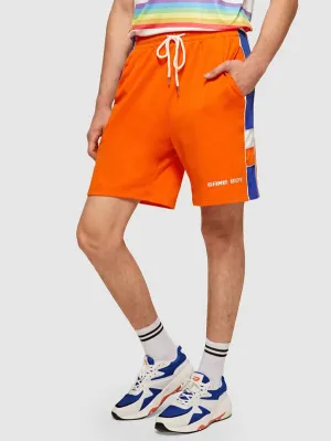 Men Neon Orange Letter Embroidered Contrast Sideseam Track Shorts