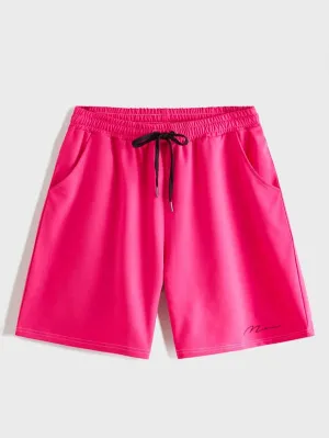 Men Neon Pink Drawstring Waist Shorts