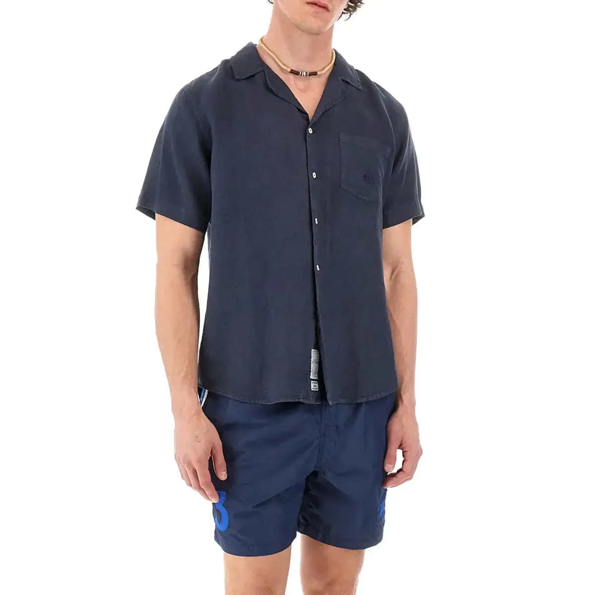 Navy Linen Short-sleeved Shirt