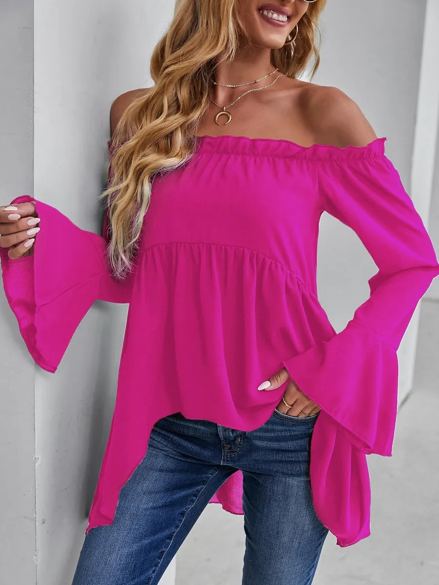 Pompeii Off-shoulder Flounce Sleeve High Low Blouse In Hot Pink