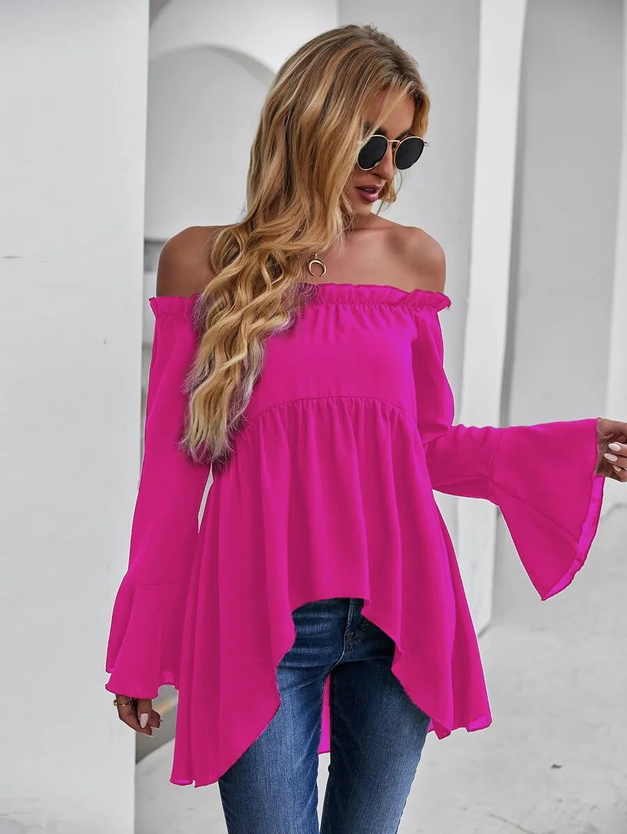 Pompeii Off-shoulder Flounce Sleeve High Low Blouse In Hot Pink