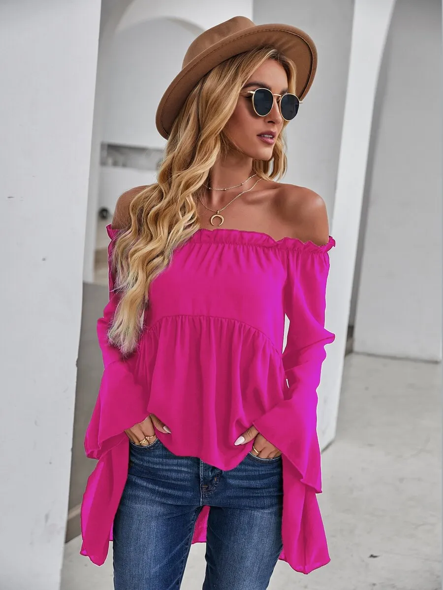 Pompeii Off-shoulder Flounce Sleeve High Low Blouse In Hot Pink