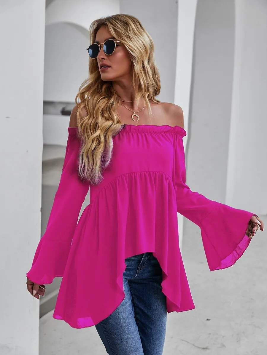 Pompeii Off-shoulder Flounce Sleeve High Low Blouse In Hot Pink