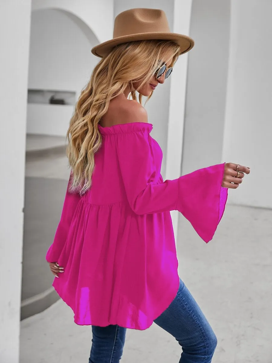 Pompeii Off-shoulder Flounce Sleeve High Low Blouse In Hot Pink