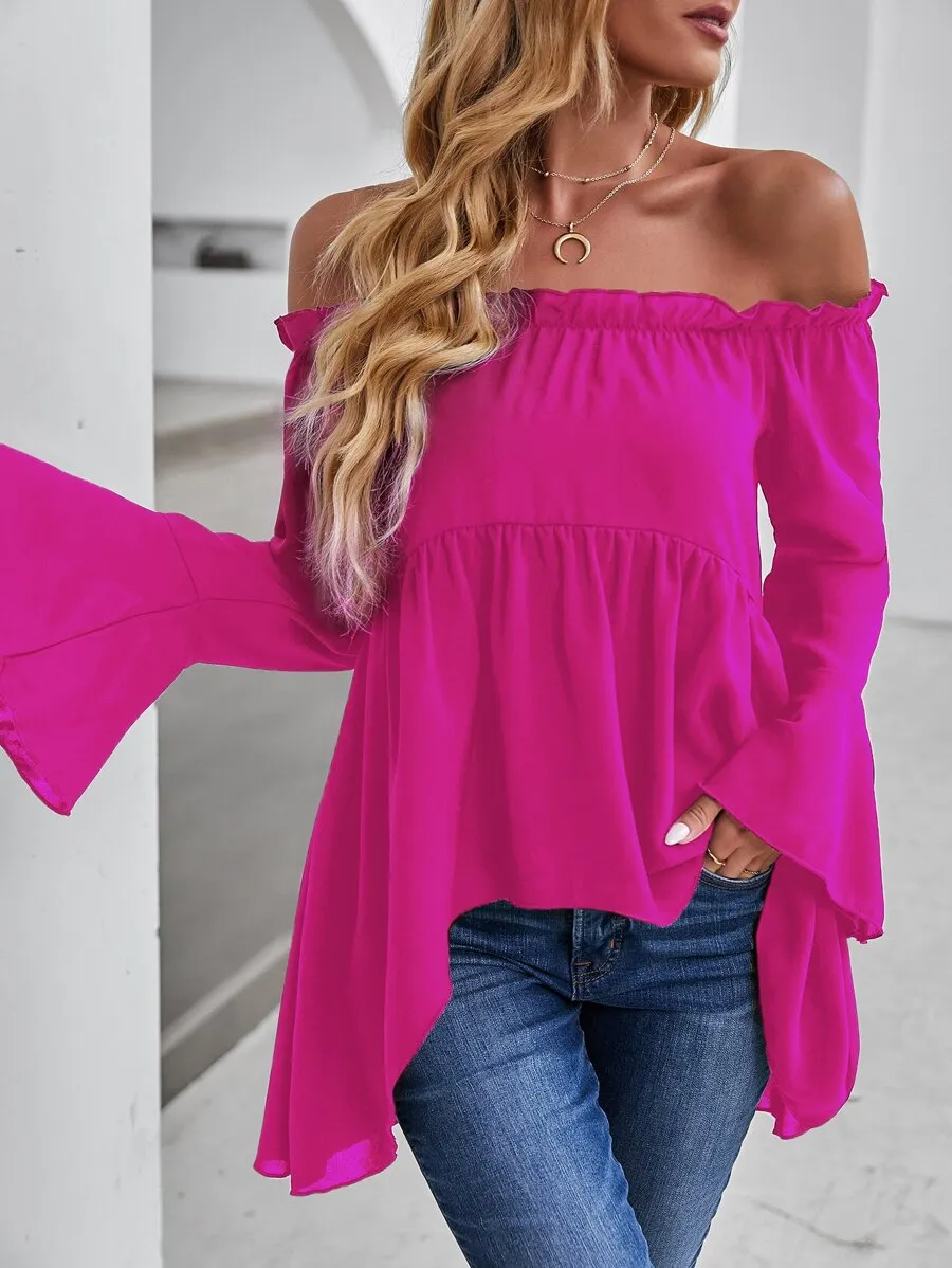 Pompeii Off-shoulder Flounce Sleeve High Low Blouse In Hot Pink