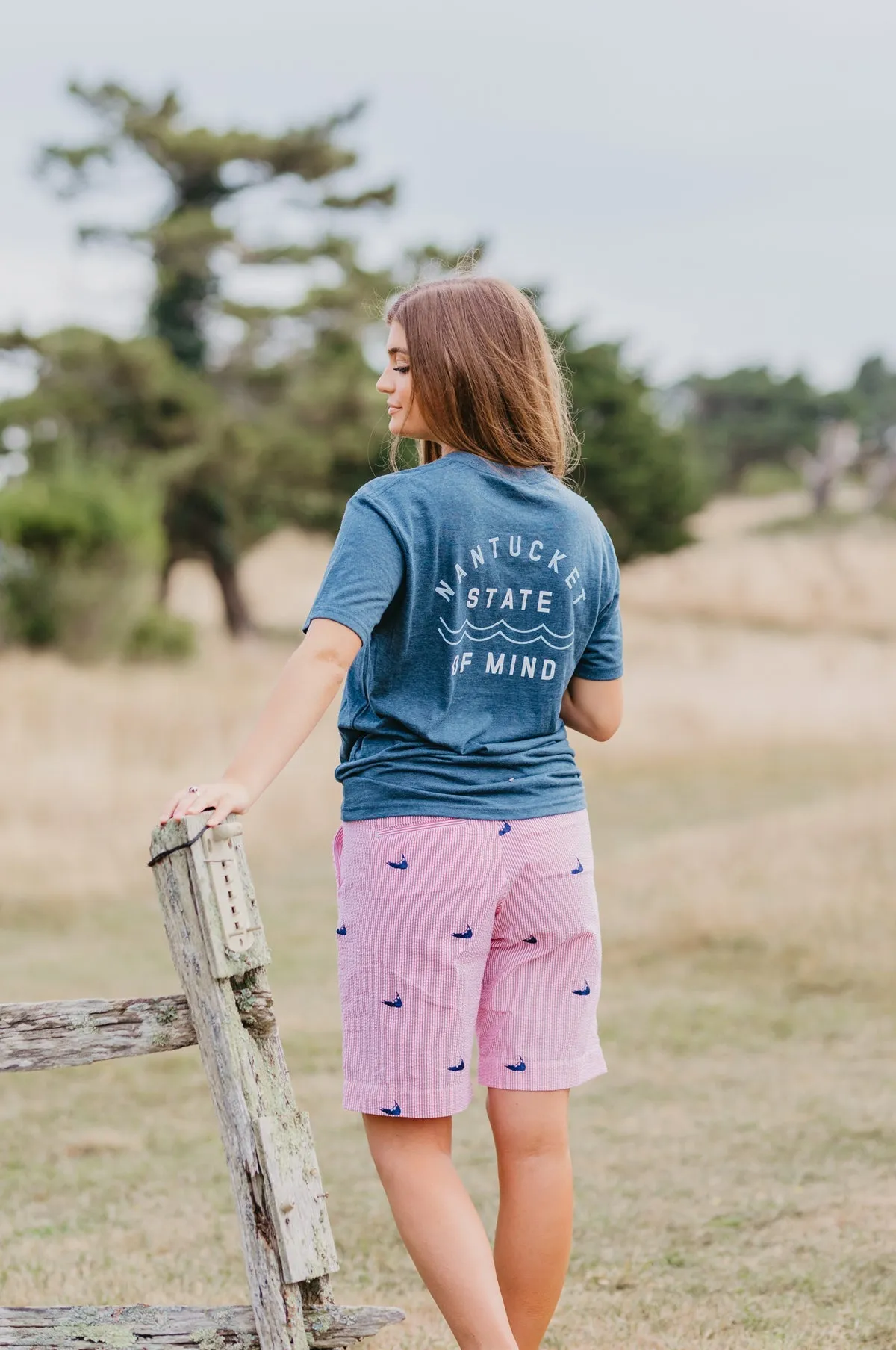 Red Seersucker Women's Bermuda Shorts with Navy Embroidered Nantuckets