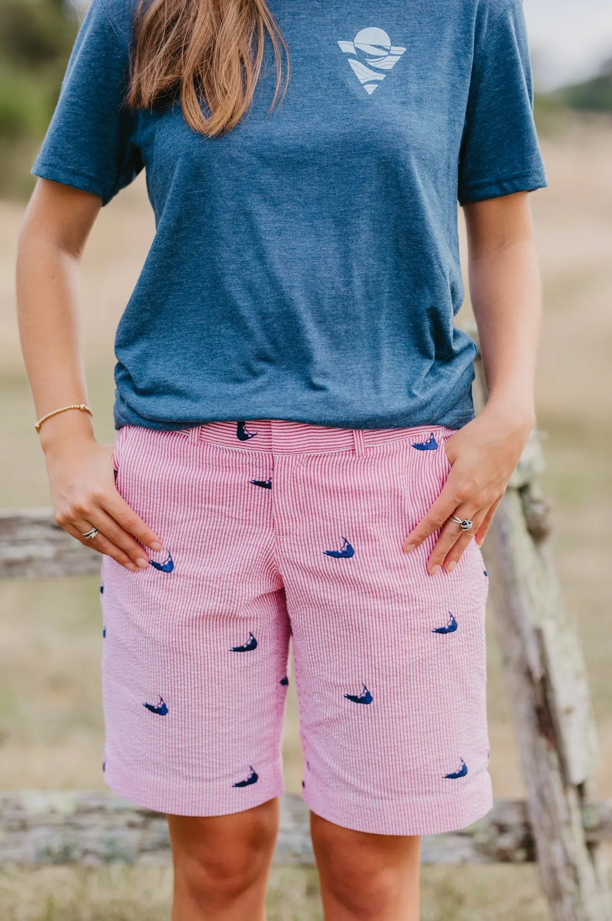 Red Seersucker Women's Bermuda Shorts with Navy Embroidered Nantuckets